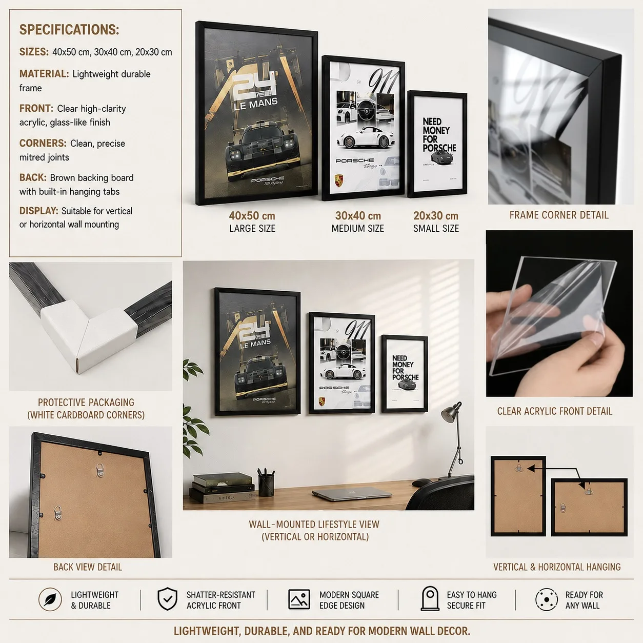 POSTERIZE 3 frame sizes, protective packaging, clear acrylic front, and back hanging tabs